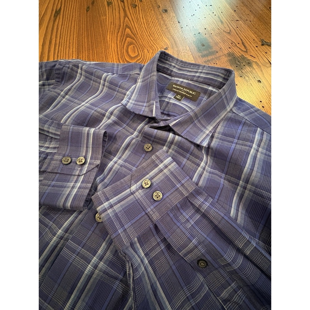 Banana Republic Mens Blue Plaid Stretch Tailored Slim Fit Button Down Shirt XL